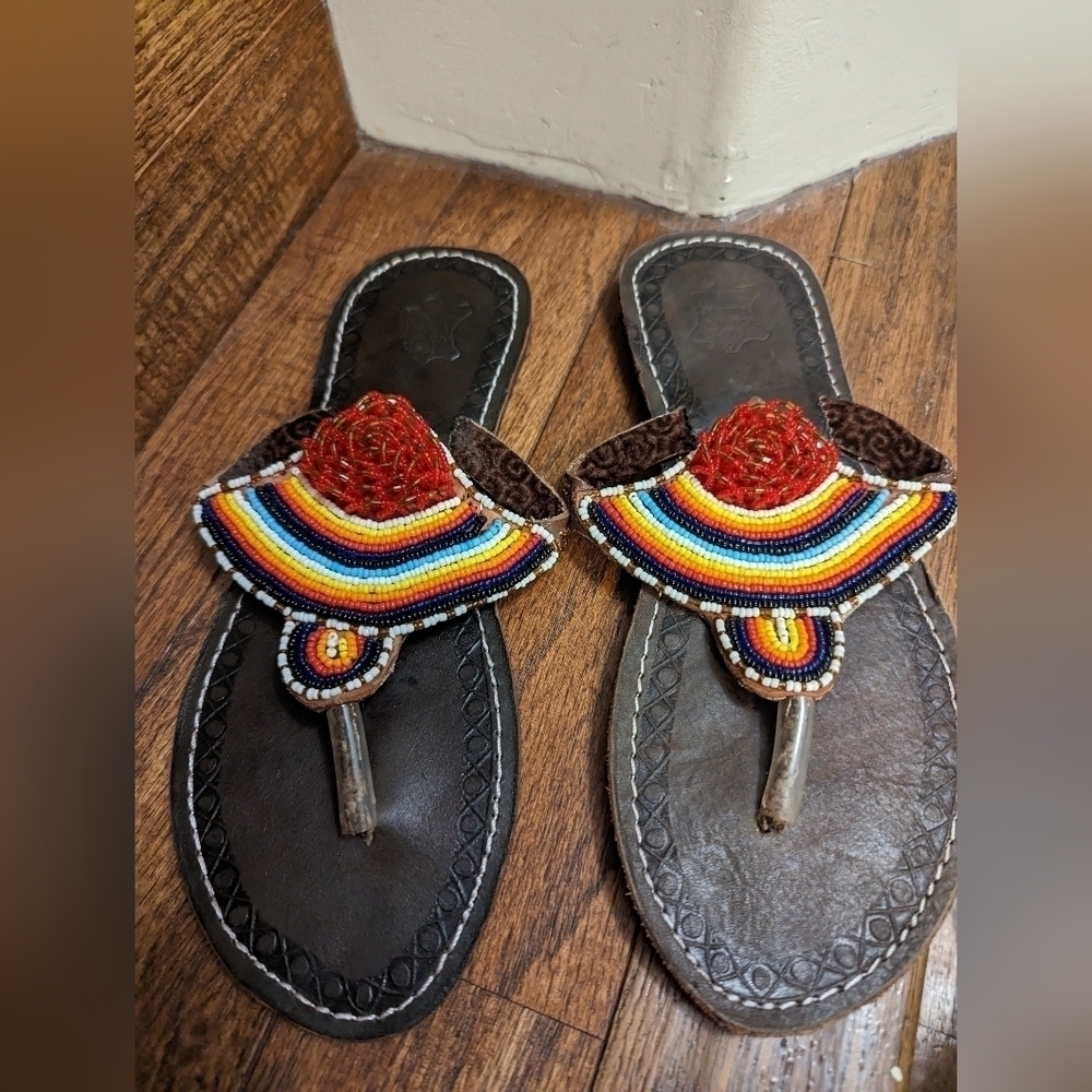 Leather Beaded Sandals, Colourful African sandals  sz 40 US 8 -8.5 Masai Sandals